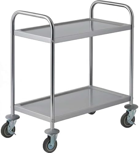 Commercial Stainless Steel Utility Cart 28" x 16" x 32" - 2 Shelf Rolling Metal Cart with Wheels for Kitchen