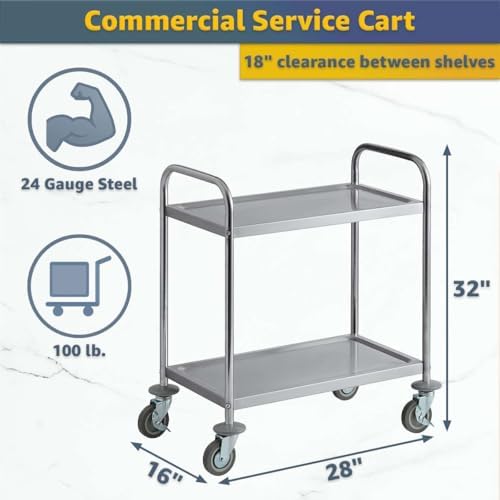 Commercial Stainless Steel Utility Cart 28" x 16" x 32" - 2 Shelf Rolling Metal Cart with Wheels for Kitchen, alternate view