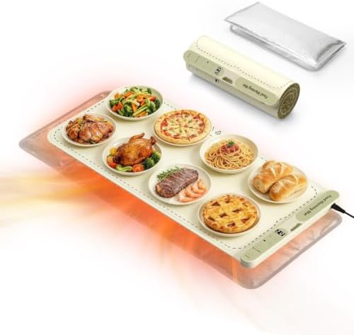Compact Food Warming Mat 32"x15", 7 Temp Levels for Family Dinners (Beige) in Beige