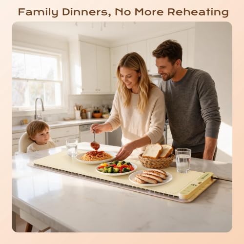 Compact Food Warming Mat 32"x15", 7 Temp Levels for Family Dinners (Beige) in Beige, alternate view 2