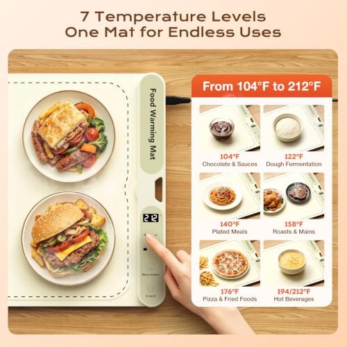 Compact Food Warming Mat 32"x15", 7 Temp Levels for Family Dinners (Beige) in Beige, alternate view 3