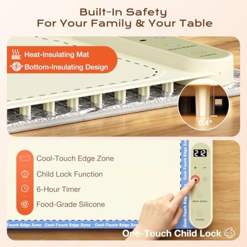 Compact Food Warming Mat 32"x15", 7 Temp Levels for Family Dinners (Beige) in Beige, alternate view 5