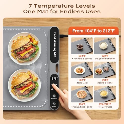 Compact Food Warming Mat 32"x15", 7 Temp Levels for Family Dinners (Gray) in Gray, alternate view 3