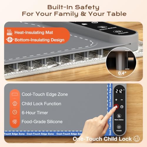 Compact Food Warming Mat 32"x15", 7 Temp Levels for Family Dinners (Gray) in Gray, alternate view 5