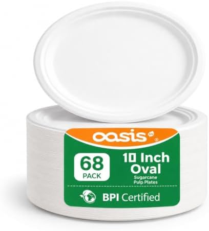 Compostable Oval Paper Plates [10 inch, 68-Pack] Elegant Disposable Dinner Platter Heavy-Duty Quality, Natural