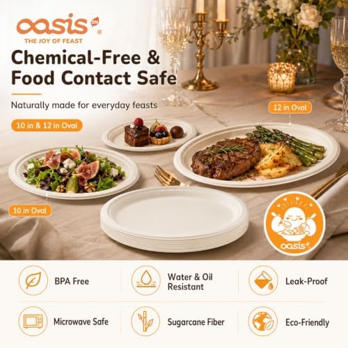 Compostable Oval Paper Plates [10 inch, 68-Pack] Elegant Disposable Dinner Platter Heavy-Duty Quality, Natural, alternate