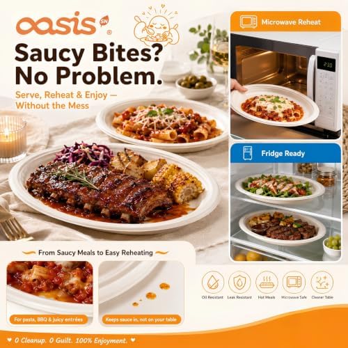 Compostable Oval Paper Plates [10 inch, 68-Pack] Elegant Disposable Dinner Platter Heavy-Duty Quality, Natural, alternate