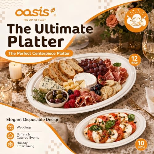Compostable Oval Paper Plates [10 inch, 68-Pack] Elegant Disposable Dinner Platter Heavy-Duty Quality, Natural, alternate