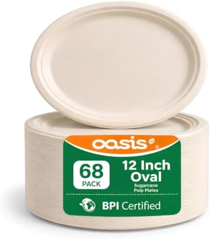 Compostable Oval Paper Plates [12.5 inch, 68-Pack] Elegant Disposable Dinner Platter Heavy-Duty Quality, Natural