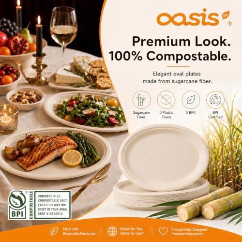 Compostable Oval Paper Plates [12.5 inch, 68-Pack] Elegant Disposable Dinner Platter Heavy-Duty Quality, Natural, alternate