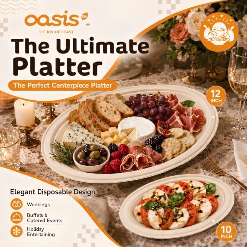 Compostable Oval Paper Plates [12.5 inch, 68-Pack] Elegant Disposable Dinner Platter Heavy-Duty Quality, Natural, alternate