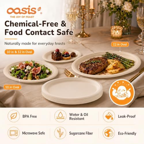 Compostable Oval Paper Plates [12.5 inch, 68-Pack] Elegant Disposable Dinner Platter Heavy-Duty Quality, Natural, alternate