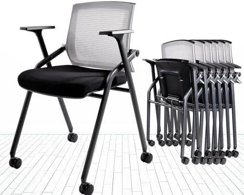 Conference Room Chairs, Folding Office Desk Chair with Lumbar Support and Sliding Armrest with Casters