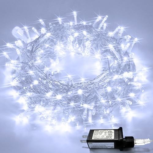 Connectable 8 Modes 100 LED White Christmas Lights Clear Wire