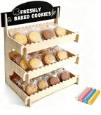 Cookie Display Stand for Vendors, Wooden Bakery Display Stand for Bakers, Tool-Free Stand with Chalkboard Sign