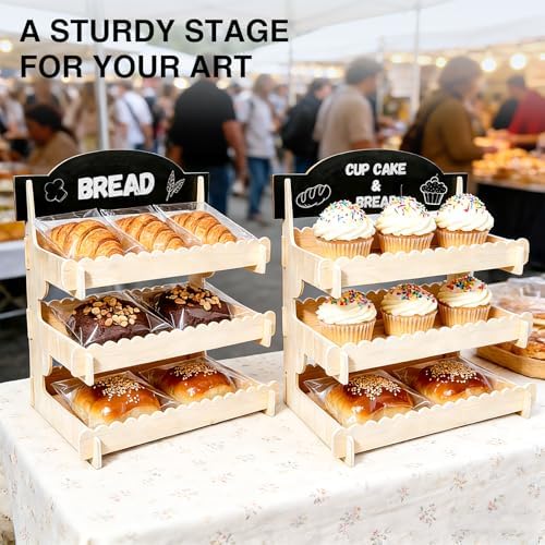 Cookie Display Stand for Vendors, Wooden Bakery Display Stand for Bakers, Tool-Free Stand with Chalkboard Sign, alternate