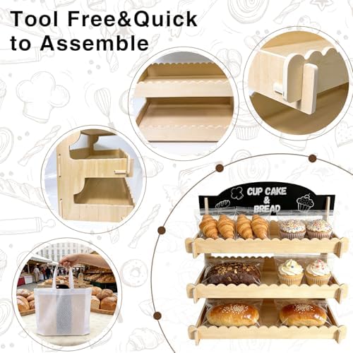 Cookie Display Stand for Vendors, Wooden Bakery Display Stand for Bakers, Tool-Free Stand with Chalkboard Sign, alternate