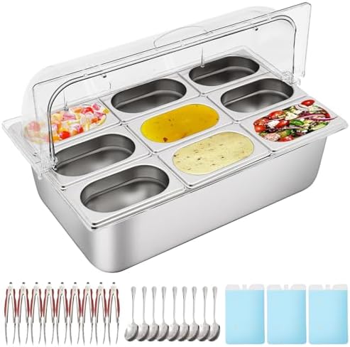 Countertop Food Display Container 9 Pans with 3 Ice Packs Cold Food Serving Tray Buffet Condiment Dispenser