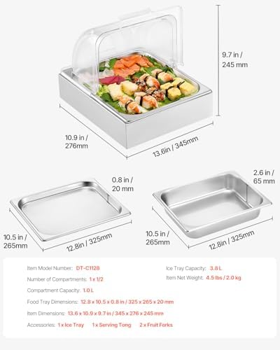 Countertop Food Serving Display Container, 1 x 1/2 Pan Stainless Steel Food Serving Tray, Buffet Condiment, alternate view 3