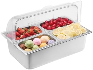 Countertop Food Serving Display Container, 4 Pan Stainless Steel Food Serving Tray, Buffet Condiment Dispenser