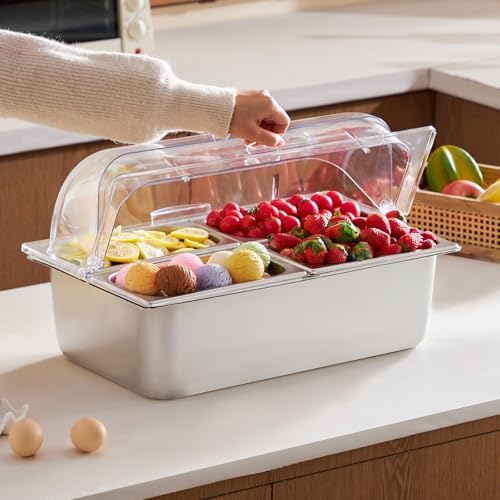 Countertop Food Serving Display Container, 4 Pan Stainless Steel Food Serving Tray, Buffet Condiment Dispenser, alternate