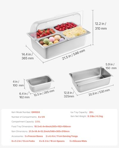 Countertop Food Serving Display Container, 4 Pan Stainless Steel Food Serving Tray, Buffet Condiment Dispenser, alternate