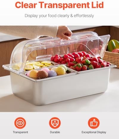 Countertop Food Serving Display Container, 4 Pan Stainless Steel Food Serving Tray, Buffet Condiment Dispenser, alternate