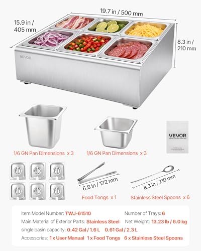 Countertop Food Serving Display Container, Stainless Steel Food Salad Server Tray, Buffet Condiment Dispenser, alternate view