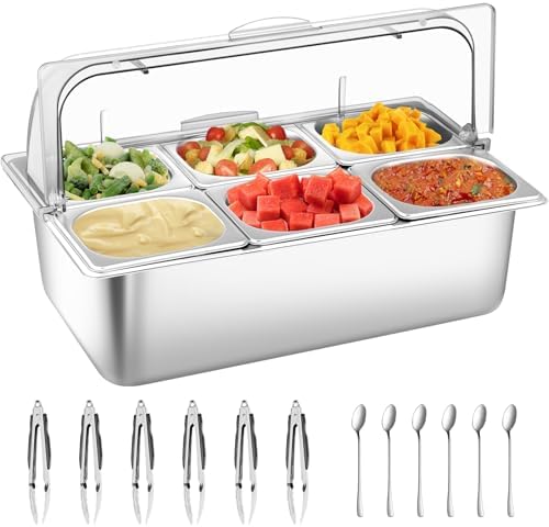 Countertop Food Serving Display Container with Clear Roll Top Cover(6 Pan) in Silver