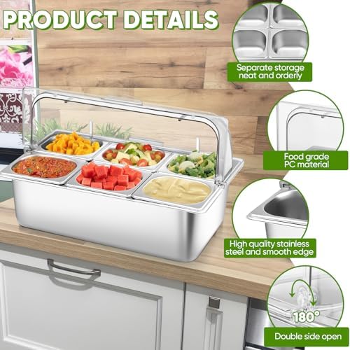 Countertop Food Serving Display Container with Clear Roll Top Cover(6 Pan) in Silver, alternate view 5