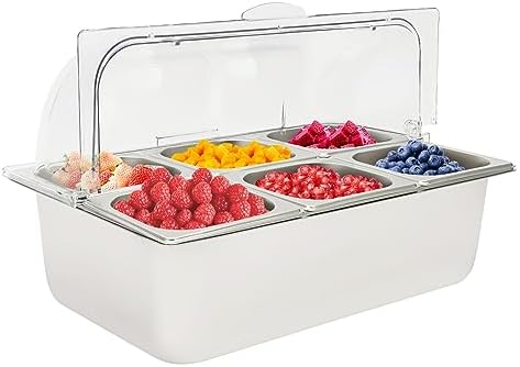 Countertop Food Serving Display Stainless Steel Containers with Clear Roll Top Lids, 6Pan Catering Trays