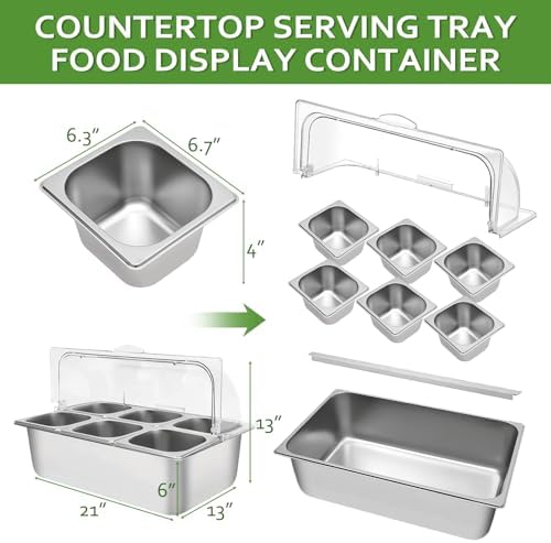 Countertop Ice Food Serving Display Tray, 6-Pan Cold Condiment Station in 21 x 13 x 13 inches in Silver, alternate view 2