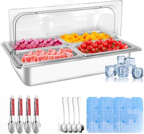 Countertop Ice Food Serving Display Tray with 4 Pan, Portable Salad Bar Buffet Station for Home, Stainless Steel