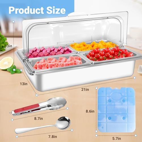 Countertop Ice Food Serving Display Tray with 4 Pan, Portable Salad Bar Buffet Station for Home, Stainless Steel, alternate