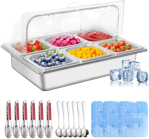 Countertop Ice Food Serving Display Tray with 6 Pan, Portable Salad Bar Buffet Station for Home, Cold Food