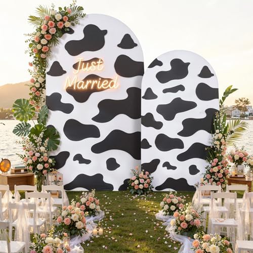 Cow Print Arch Backdrop Cover Set of 2-7.2FT & 6FT Wrinkle Free Spandex Fitted Arch Cover for Round Top Chiara
