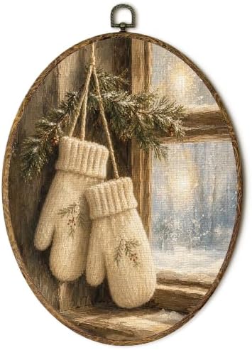 Cozy Winter Mittens Pine Branch Oval Wall Art, Vintage Knitted Gloves Framed Canvas Prints Wall Art, Rustic