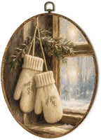 Cozy Winter Mittens Pine Branch Oval Wall Art, Vintage Knitted Gloves Framed Canvas Prints Wall Art, Rustic