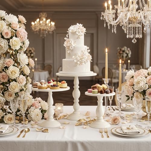 Cream White 3Pcs Metal Round Elegant Cake Stand Set Dessert Display in Off-White, alternate view 5