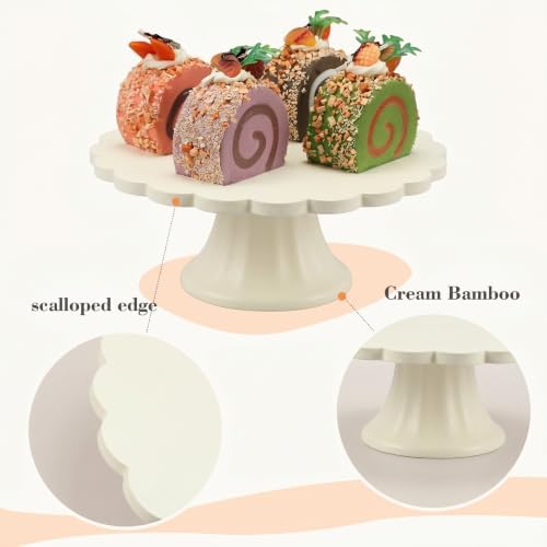 Cream Wooden Cake Stand Scalloped Round 7.75" L X 7.75" W X 3" H in Cream, alternate view 4