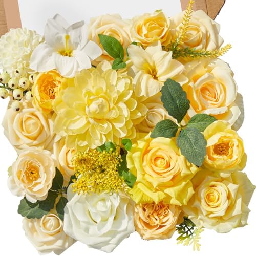 Cream Yellow Artificial Flowers, Silk Fake Flowers Box for Wedding in A Bloom Cream Yellow
