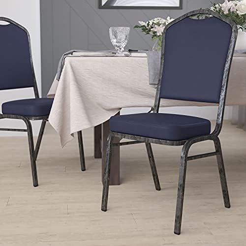 Crown Back Stacking Banquet Chair, Navy Vinyl/Silver Vein Frame