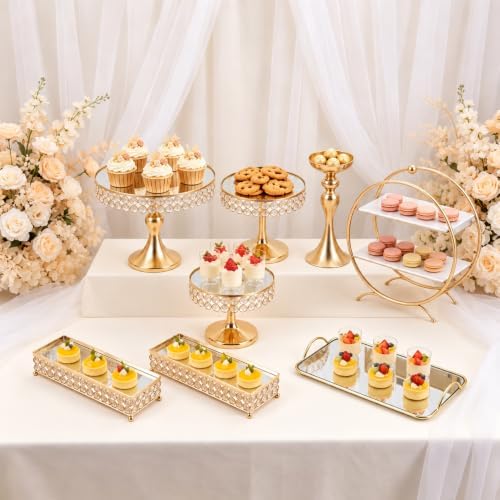 Crystal Cake Stand with Mirror, 8 Pcs Wedding Elegant Round Cake Stands in Gold