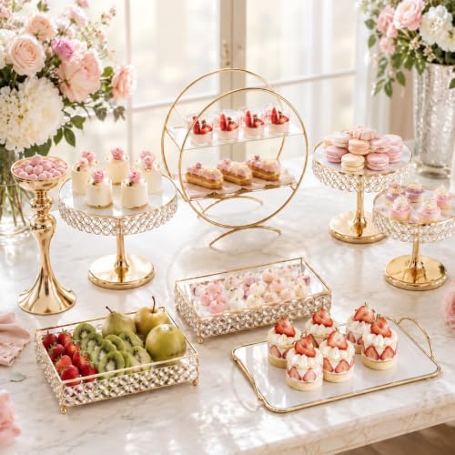 Crystal Cake Stand with Mirror, 8 Pcs Wedding Elegant Round Cake Stands in Gold, alternate view 3