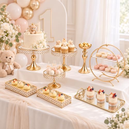 Crystal Cake Stand with Mirror, 8 Pcs Wedding Elegant Round Cake Stands in Gold, alternate view 4