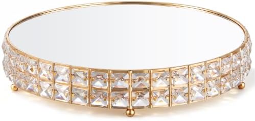 Crystal Cake Stand with Mirror, Gold Round, 14 Inch in Gold