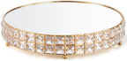 Crystal Cake Stand with Mirror, Gold Round, 14 Inch in Gold