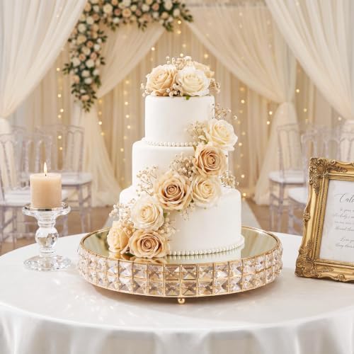 Crystal Cake Stand with Mirror, Gold Round, 14 Inch in Gold, alternate view 2