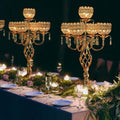 Crystal Candelabra Centerpiece, 5-Light Gold Metal Stand with Hanging Crystals, Decorative Wedding Table Holder