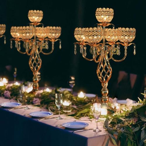 Crystal Candelabra Centerpiece, 5-Light Gold Metal Stand with Hanging Crystals, Decorative Wedding Table Holder
